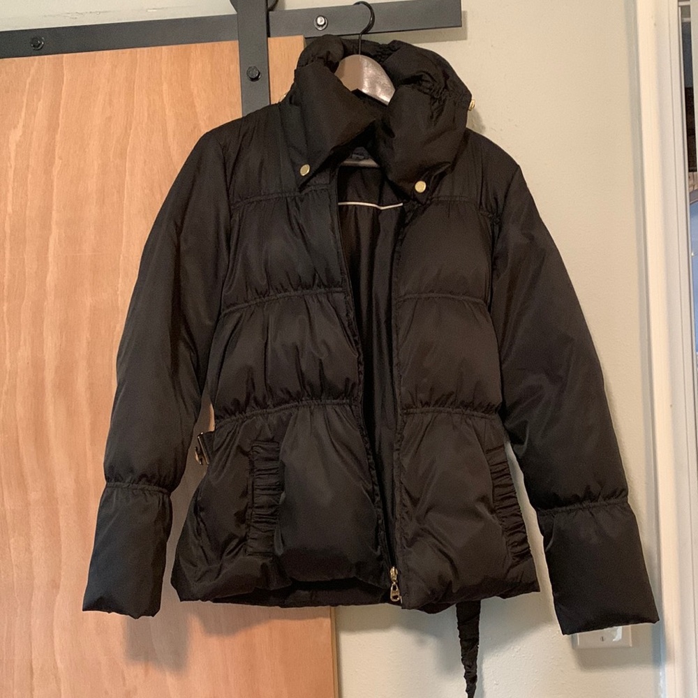 Black Andrew Marc puffer jacket. Excellent condition with gold accents and belt